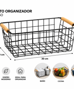 Cesto Canasto Metal Con Asa De Madera 24cmx15cmx10cm Negro